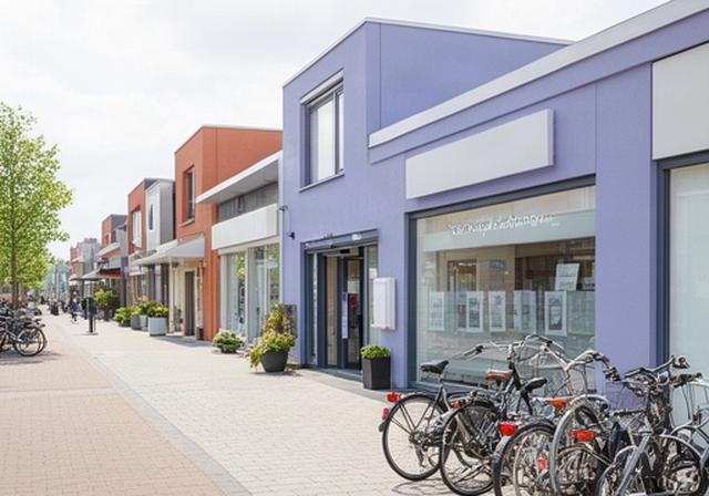 Rustige winkelstraat aan de Boomgaardweg in Almere met duidelijke gevel en fietsparkeerplaatsen