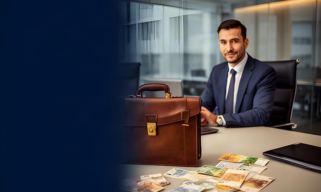 Zakelijke reiziger met attachékoffer en contante valuta aan een vergadertafel op kantoor
